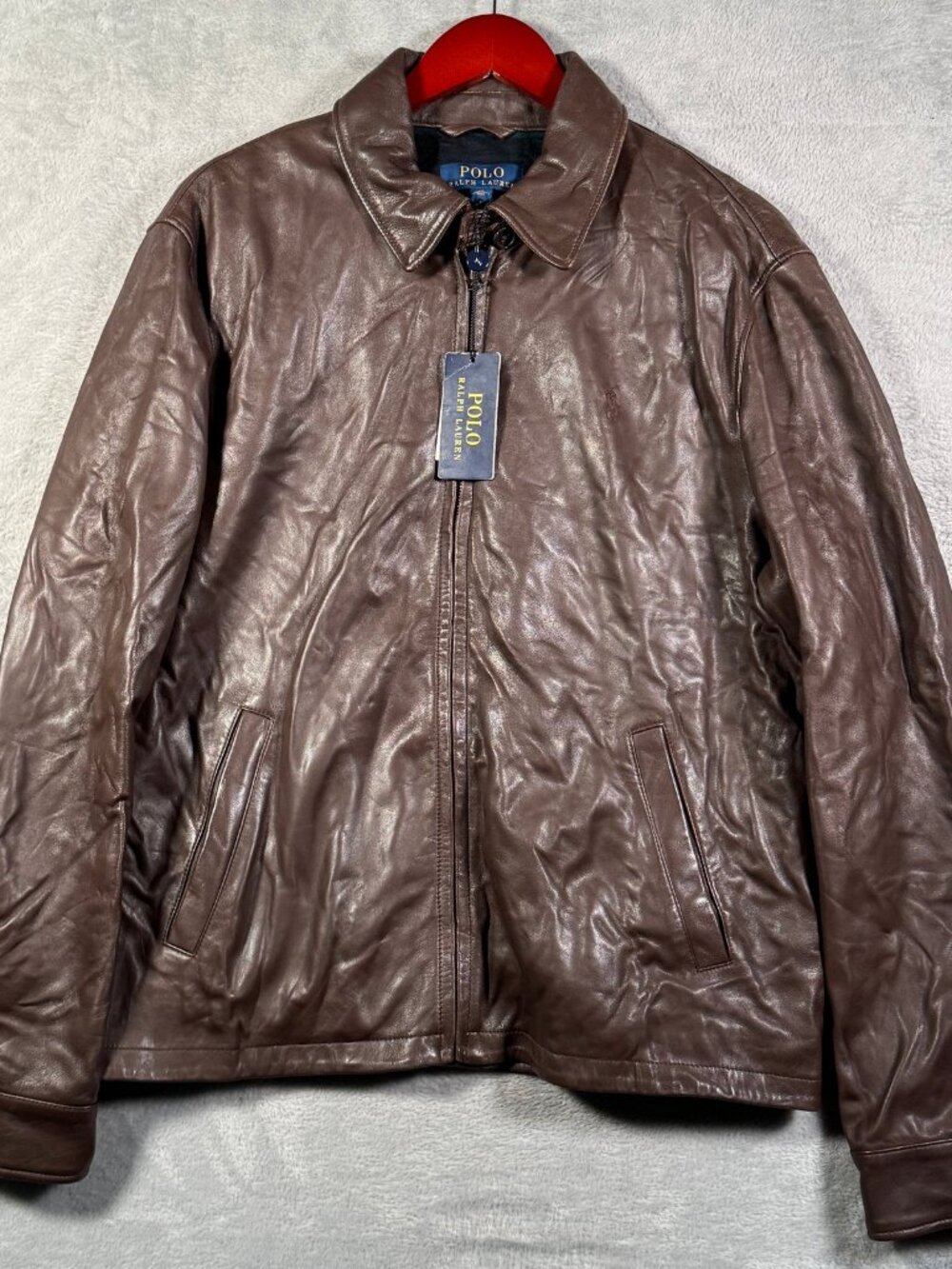 Polo Ralph Lauren Leather Jacket Mens M Brown Full Zip Plaid Lined Core Replen - Picture 1 of 13